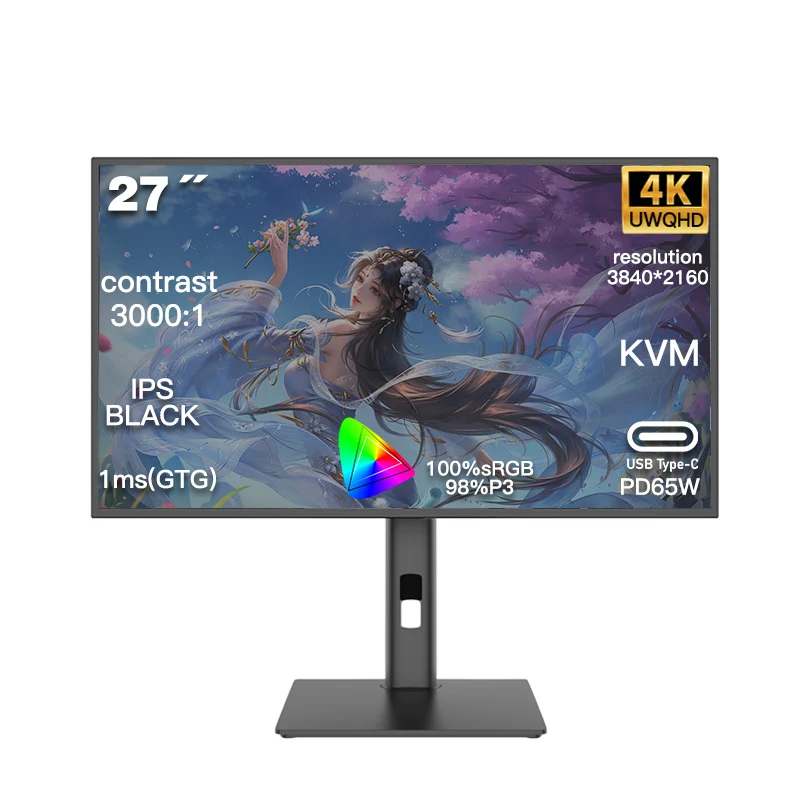 LED 27 Inch 16:9 IPS Four-Sided Narrow screen Edge 120Hz 4K HDR600 Gaming Monitor with 98% DCI-P3 Color 1ms display with type-c