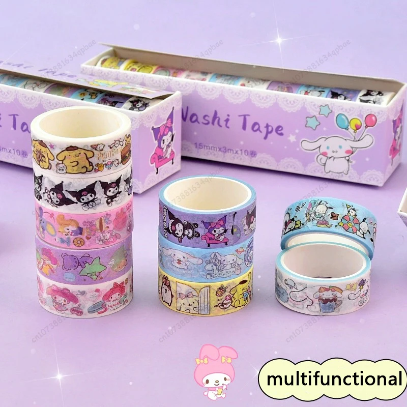 MINISO Kawaii çıkartmalar 10 rulo kutusu Sanrio çıkartmalar Melody mi melodi Cinnamoroll el kitap çıkartmaları el hesabı Sticker çocuk oyuncakları