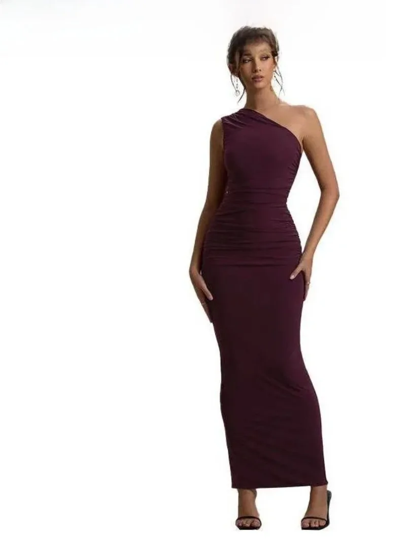 2025 جديد عصري سليم صالح oulder Dr للنساء مائل oulder ثوب مسائي الخصر Cinched تنورة طويلة عالية الخصر لا Sve اللون