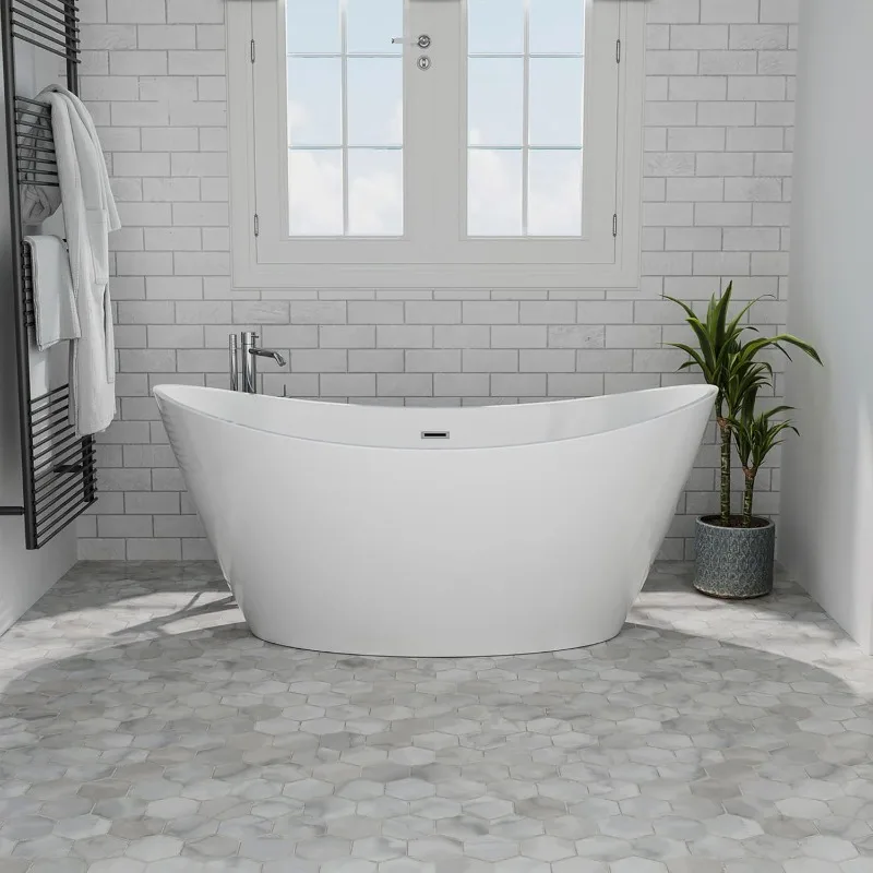 Freestanding bathtub, luxury acrylic streamlined freestanding shower tub for adults with overflow and drain