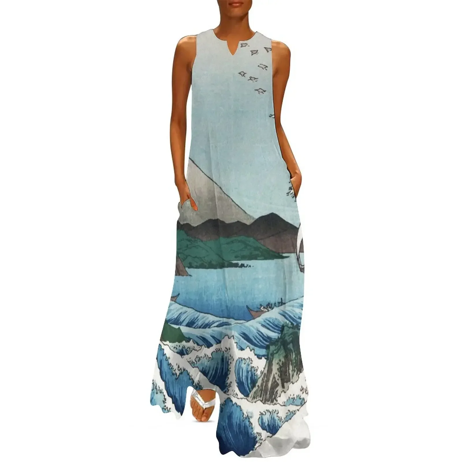 

Hiroshige the Sea off Satta Japan with volcano, crashing waves and fishermen by Japanese ukiyo-e artist nat Long Dress