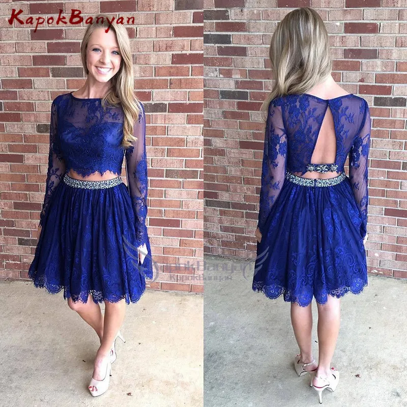 

Two Pieces Short Lace Homecoming Dress Long Sleeves Backless Knee Length Party Gown for Girls