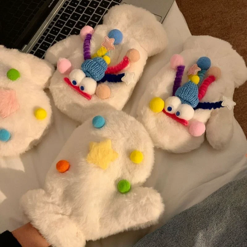 عيد الميلاد Kawaii قفازات الكرتون الشتاء قفازات نسائية يندبروف سميكة الدافئة وشاح أفخم شنق الرقبة قفازات كاملة الأصابع للمرأة #4