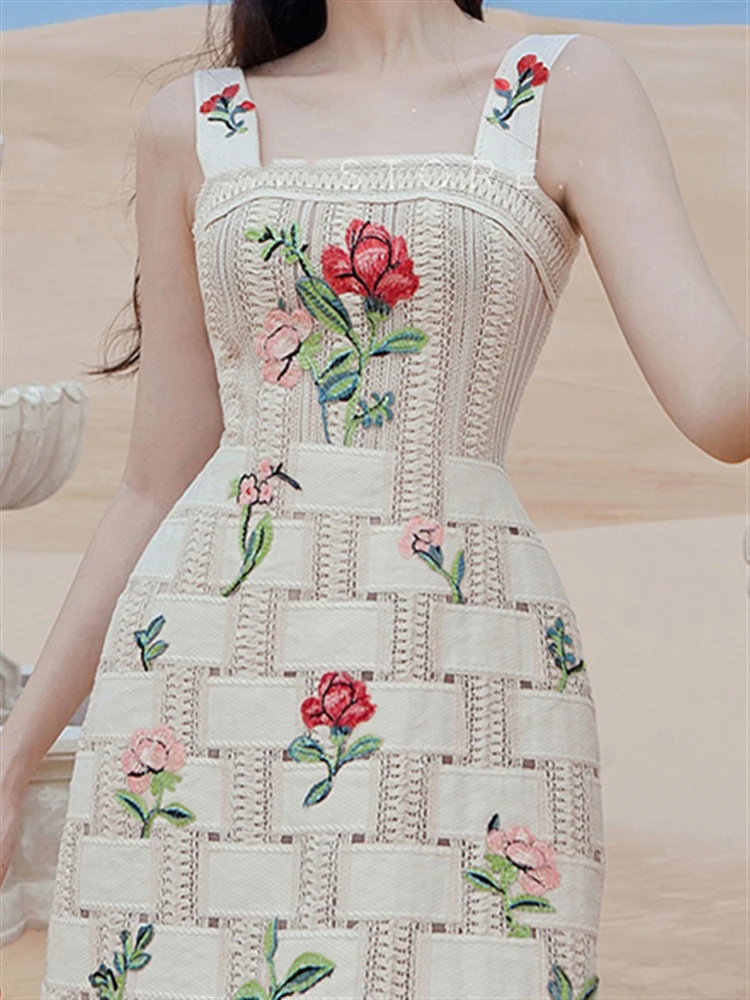 

Party Sleeveless 2022 Backless Woman Sundress Women Beach Dress Embroidery Sexy Lace Runway Boho Summer Spaghetti Strap Dresses