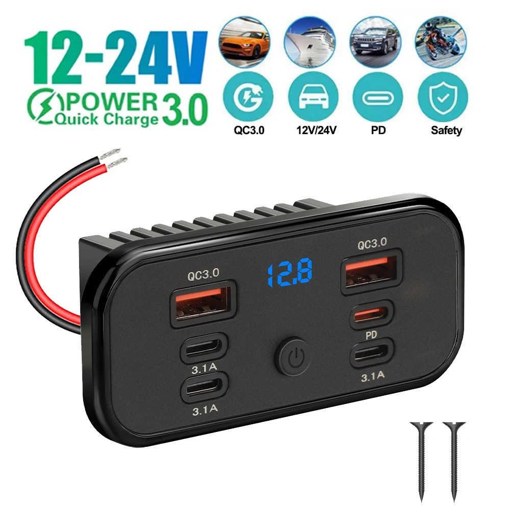 Upgraded 4-Ports 96W USB Outlet PD30W QC3.0 18W Car Charger Socket Adapter with Voltage Switch for Car RV Bus Marine Boat Truck