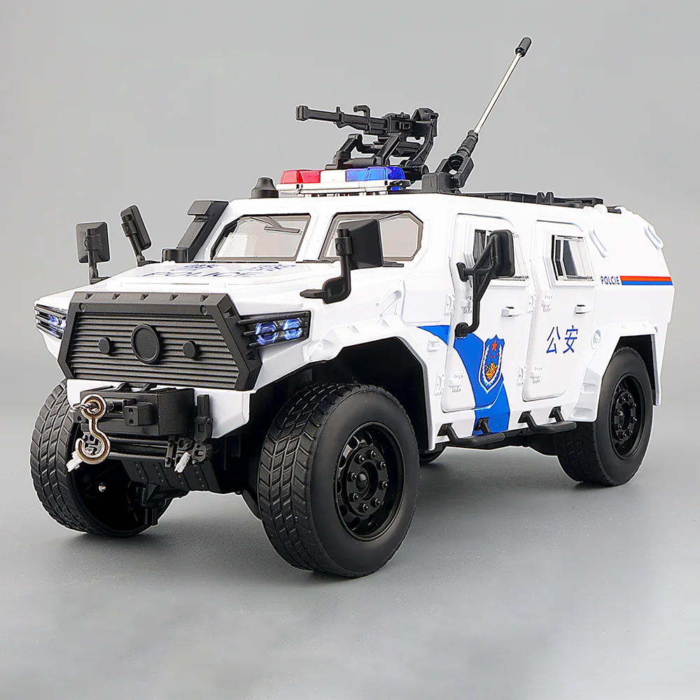 รถโมเดลโลหะผสมตงเฟิงเมิ่งซื่อ ขนาด 1:20 ของเล่นรถตำรวจออฟโรด ประตูเปิดได้ ดึงหลังวิ่งได้ มีเสียงเพลงและไฟ ของขวัญที่ดีที่สุดสำหรับเด็กผู้ชาย