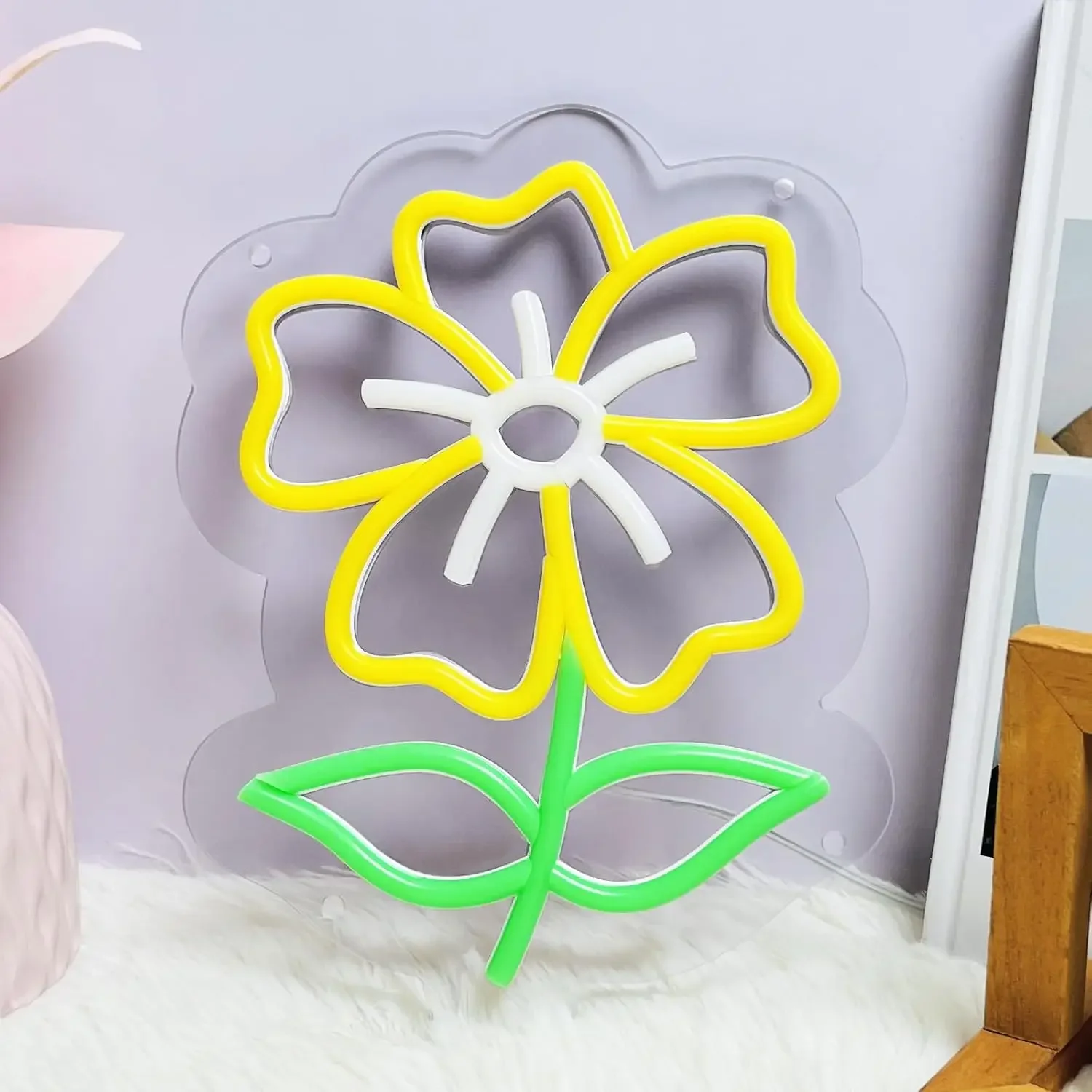 Yellow Flower Neon Sign Green Leaf LED Wall Art Acrylic USB Dimmable Hanging Light Cute Botanical Decor for Bedroom  Party