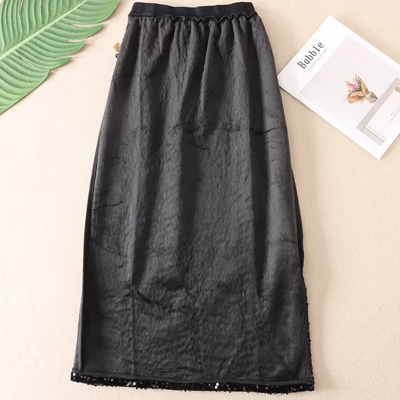 Gowyimmes New Big Size Vintage Fashion Women Midi-Long Sequined Skirt Slim Lady Black thickening  Skirts Split Bottomings PD1858