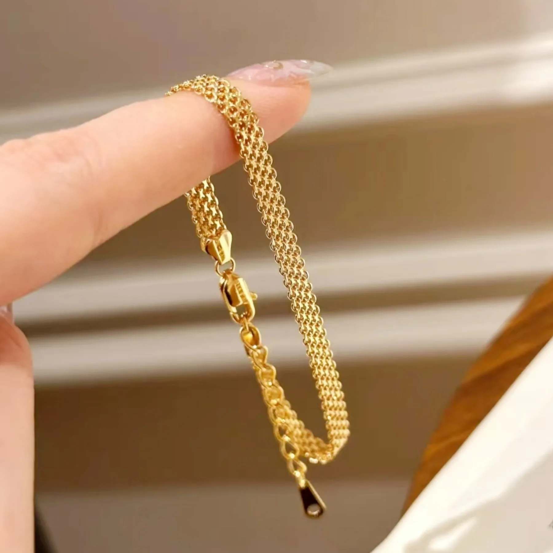 Stainless Steel 18K Gold Plated Exquisite Weaving Mesh Bracelets for Women Chunky Trendy Link Chain Adjustable Bracelet Jewelry