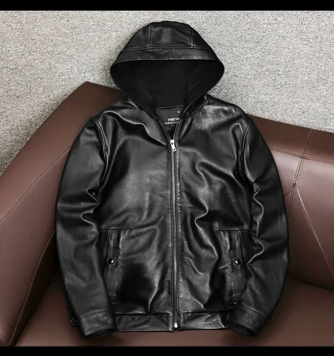 AYUNSUE Men's Genuine Leather Jacket Men Hooded Korean Natural
