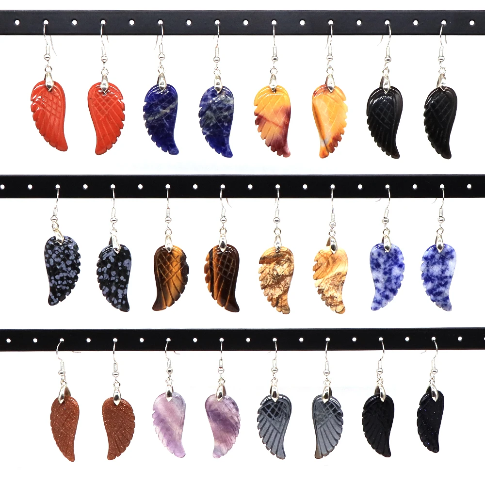 

Natural Gem Stone Angel Wing Drop Dangle Ear Stud for Women Long Cuff Earring Crystals Amethyst Obsidian Aventurine Jewelries