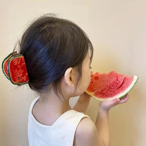 아세테이트 귀여운 여름 야채 과일 헤어 클립, 수박 레몬 체리 헤어 클로, 패션 상어 클립, 여성용 헤어 액세서리