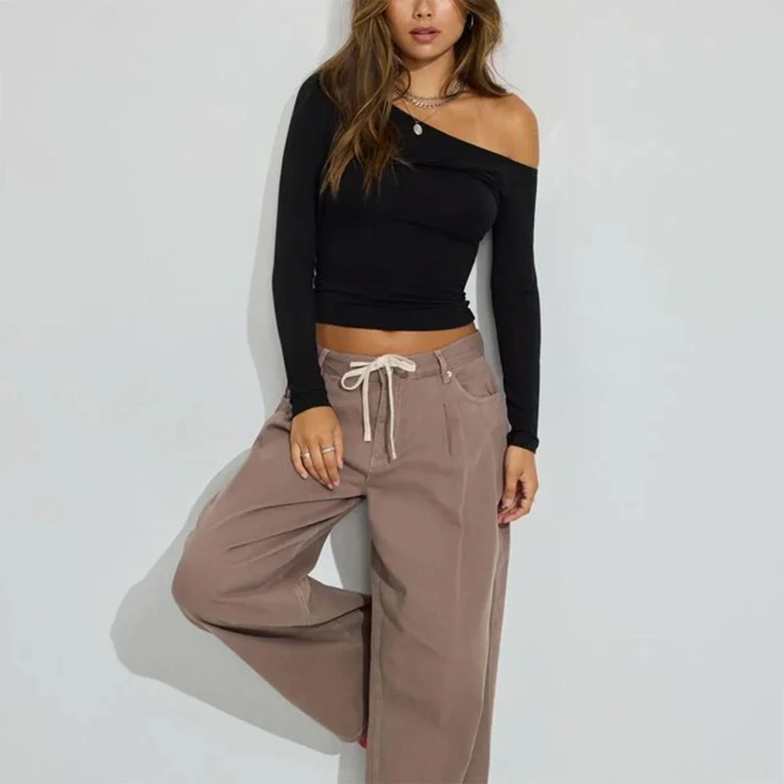 

Женская футболка с длинным рукавом и косым вырезом, витые однотонные женские топы, уличная одежда