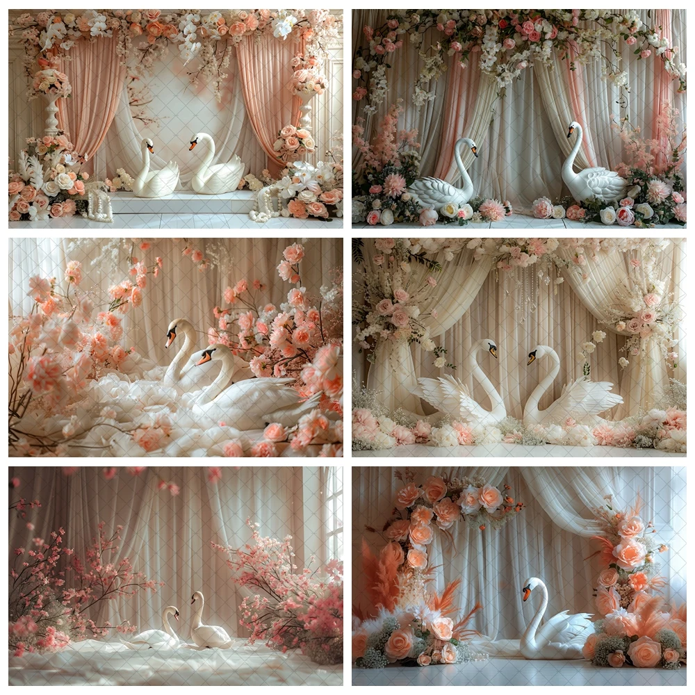 

White swan floral curtains girl birthday party photography background cake smash portrait decoration background photo studio