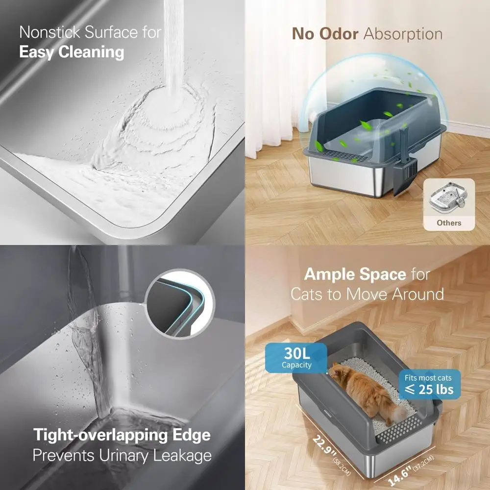 

Очень большой черный металлический лоток для кошек с крышкой, высокими бортиками для крупных кошек, с антипригарным покрытием, легко чистится, защита от протекания