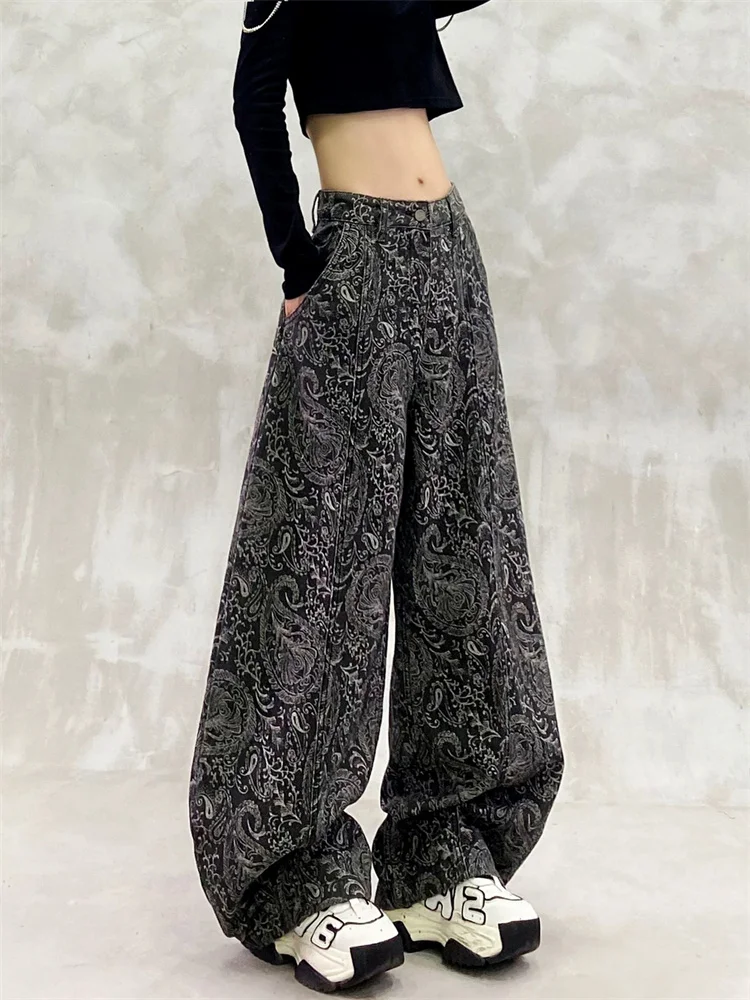 

Cool Print Design Casual Denim Curved Hem Pants for Women Autumn New High Waisted Loose Slim Versatile Straight Banana Pants