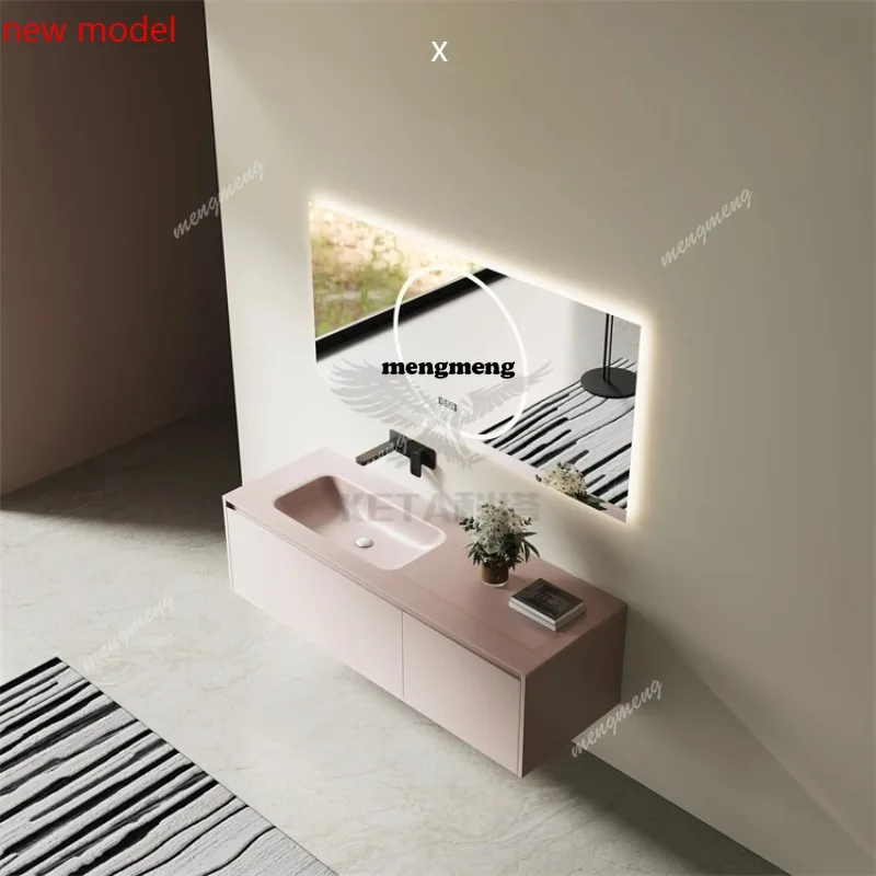 H134Dirty Pink Frosted Tempered Glass Smart Mirror Hand Washbasin Washbasin Bathroom Bathroom Washbasin Cabinet