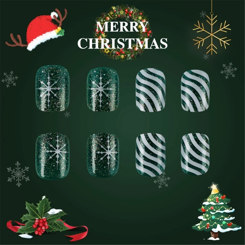 24 Pcs Christmas Press On Wreath on Glittering Stripes Acrylic Short Full Cover False