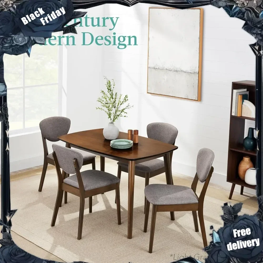 5-Piece Dining Set, Compact Mid-Century Modern Table & Chair Set for Home, Apartment w/ 4 Chairs, Padded Seats & Backrests··