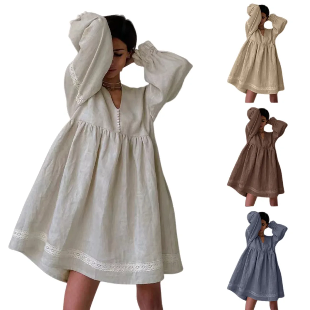 

Women Dress 2025 Autumn Winter New Women's Dress Cotton-Linen French Style Elegant Office V Neck Lantern Sleeve Loose Dress