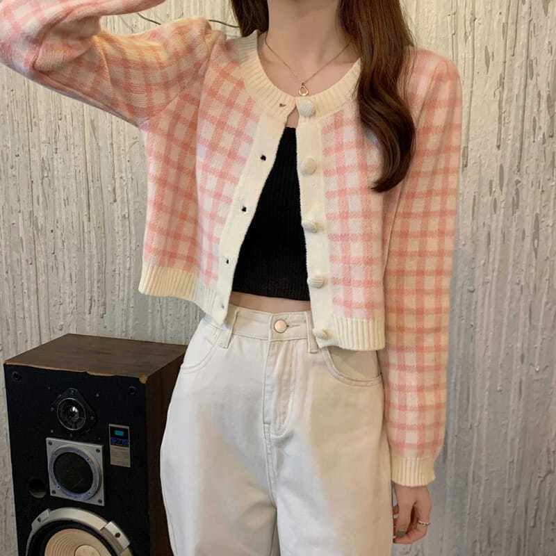 Autumn Winter Sweet Plaid Print Single-breasted Cropped Sweater Korean Slim Long Sleeves Kawaii Pink Sweater New Knitted Sweater