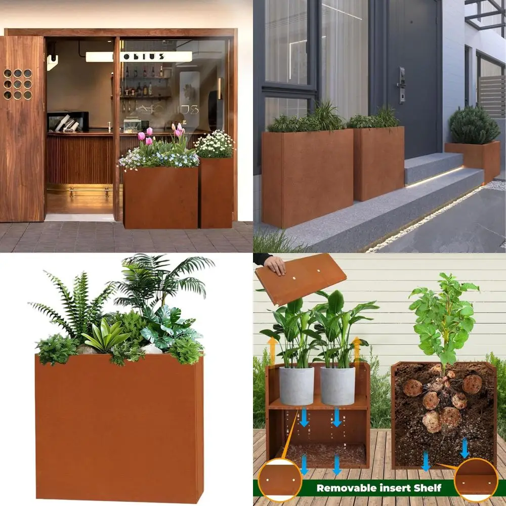 

24 x 10 x 24 Rusted Metal Outdoor Planter with Spliced Lower Box and Partitions for Garden Use