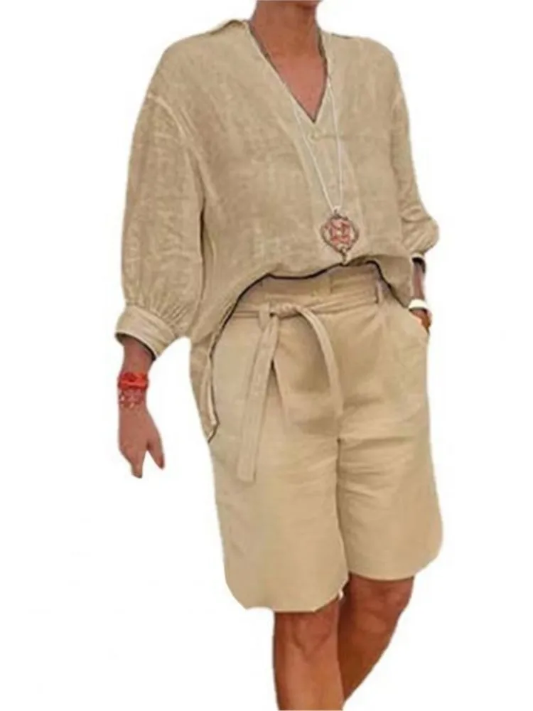 

2025 Women Elegant Style Two Piece Set Half Sleeve V-Neck Casual Loose Shirt Pocket Belt Shorts Autumn Cotton Linen Outfits