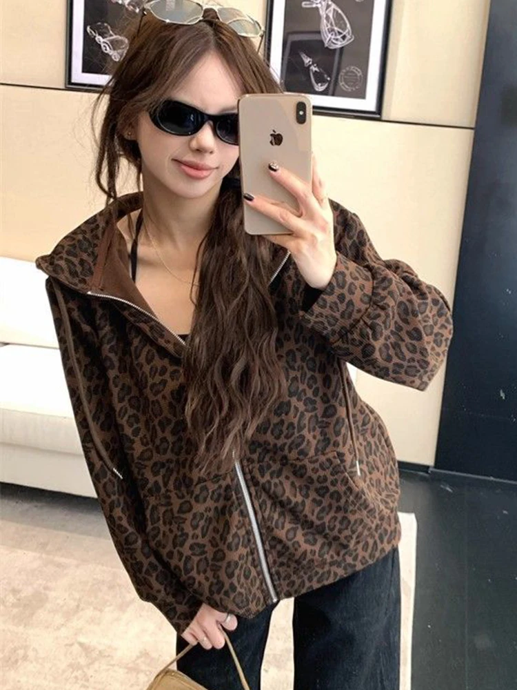 女性 Y2K ヒョウパーカーストリートルーズ原宿レトロスウェットシャツヒップホップ秋アメリカンヴィンテージ女性長袖トップス新しい