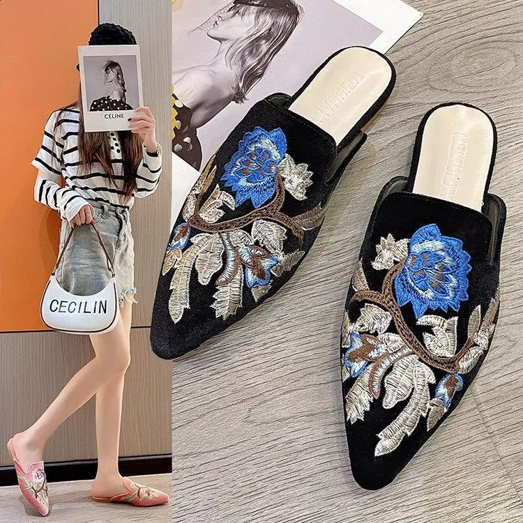 Flower Cover Toe Mules For Women 2024 Big Size Low Shoes Slippers Flat Pantofle Luxury Slides Loafers Pointed New Designer Fashi