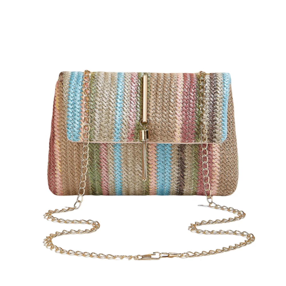 

Модная красочная соломенная сумка в полоску, портативная тканая сумка через плечо в этническом стиле, богемная радужная сумка на молнии, дорожная сумка