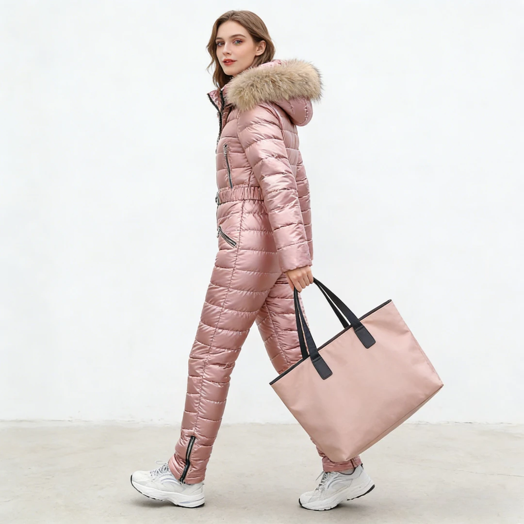 Jumpsuits One Piece Ski Suit Winter Thicken Snow Place Down Cotton Women Suits Warm Hooded Waist Slim Shiny Outdoor Sports view 2