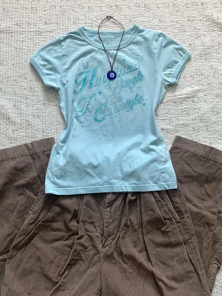 

Оригинальная красивая уникальная футболка синего цвета с круглым вырезом и принтом, облегающая, летняя, элегантная, новый стиль, хлопковая, с коротким рукавом, женский топ