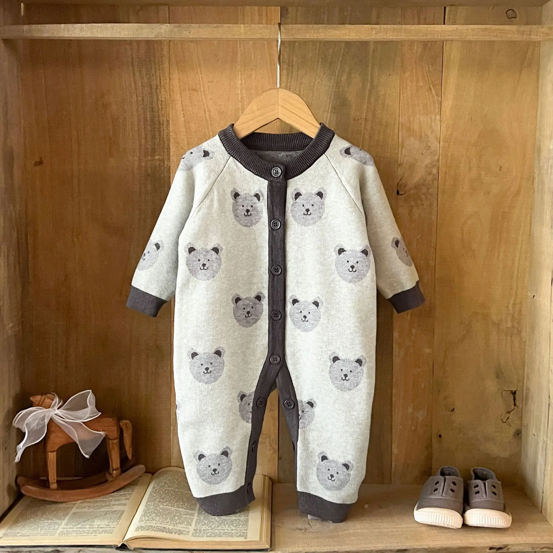 2026 Autumn New Baby Long Sleeve Knitted Romper Cotton Casual Infant Boy Girl Cartoon Bear Print Jumpsuit Newborn Clothes 0-24M