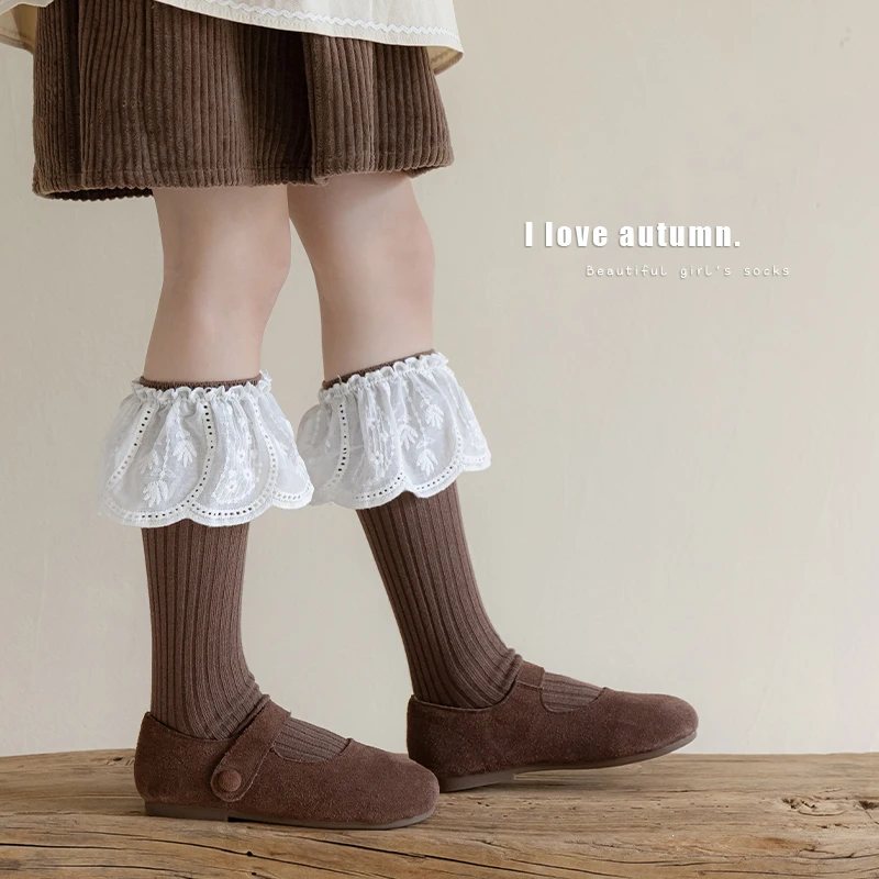 Solid Color Vertical Striped Knee High Socks For Elegant Girls Featuring Fabric Petal Embroidery Large Ruffle Trim Stretch Socks