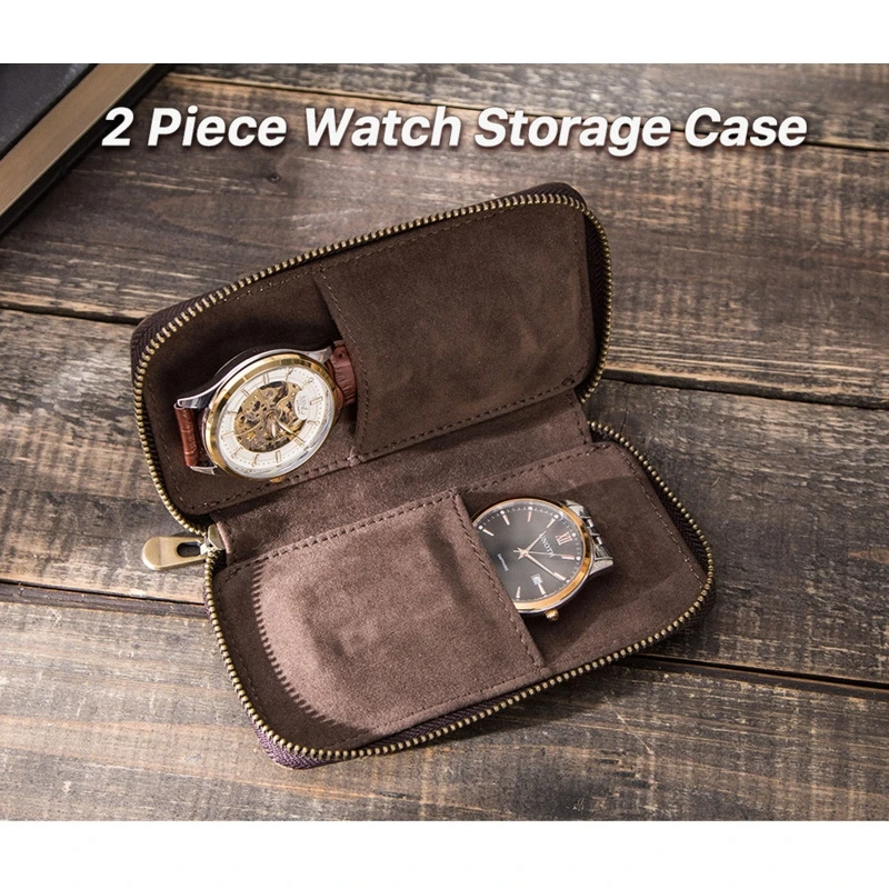 Premium Watch Pouch Bracelet Storage Bag Case Leather 2 Slots Portable Travel Watch Leather Pouch Bag for Couple Watches