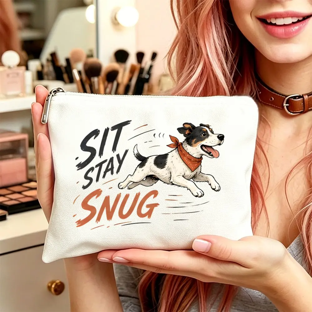 1pc Makeup Bag Cosmetic Toiletry Pouch Versatile Gift Bag Women Sit Stay Snug Dog Print Cosmetic Bag for Mom Daughters Friends