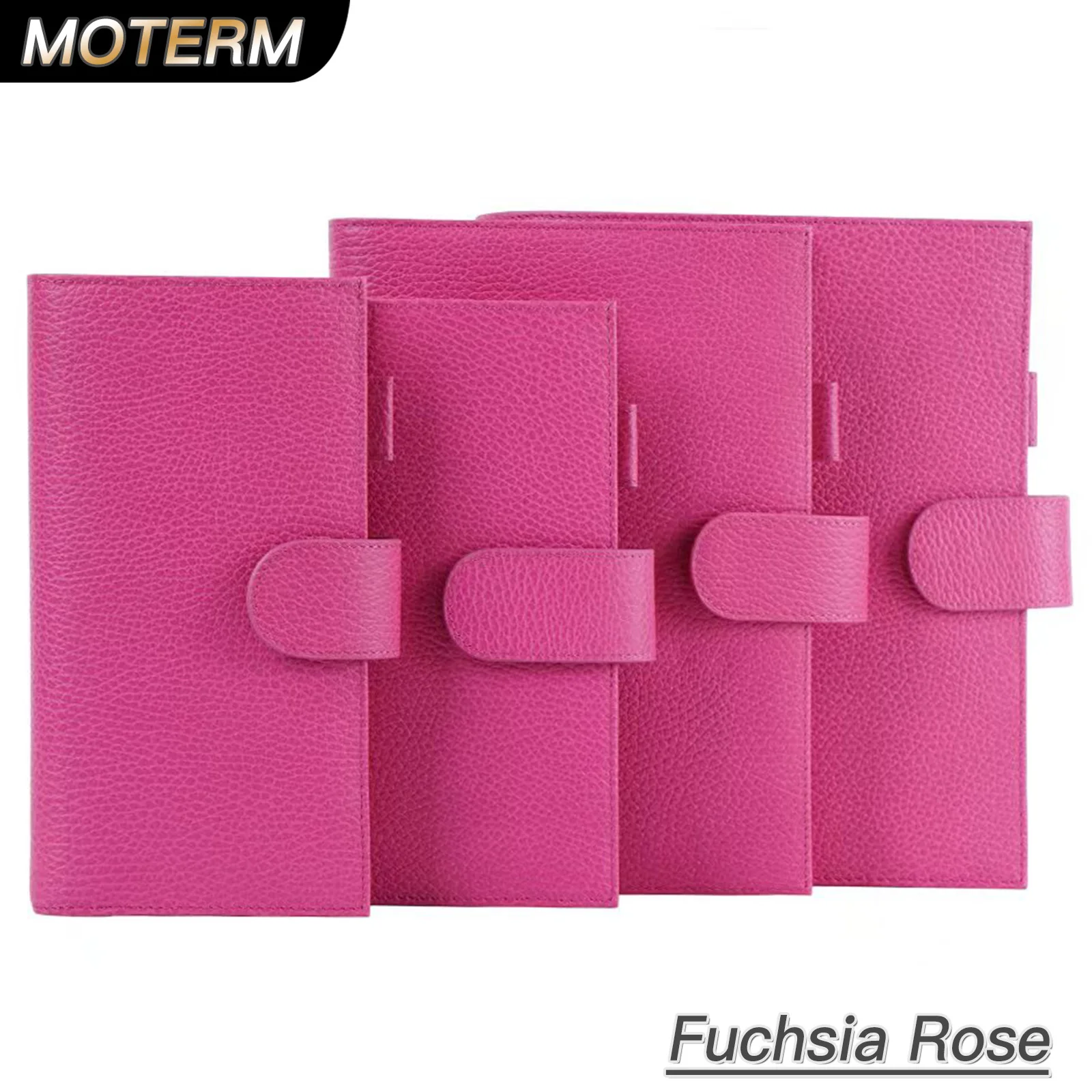 Moterm Firm Pebbled Grain Leather Fuchsia Rose Color Genuine Cowhide Planner Rings Notebook Cover Diary Agenda Organizer Journey