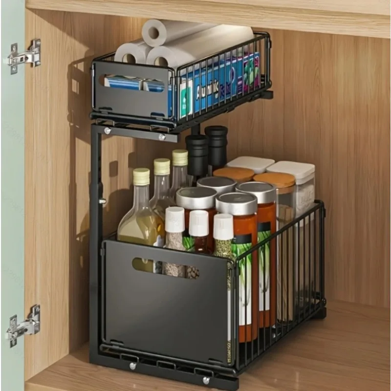 2 الطبقة سحب خارج خزانة منظم درج ارتفاع قابل للتعديل رف المطبخ للخزانة تحت الحوض المنظم برطمان توابل تخزين الرف