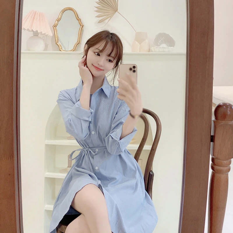 2024 Fashion Korean Striped Collar Lace up Casual Sweet Temperament Mid length Long sleeved Shirt Dress