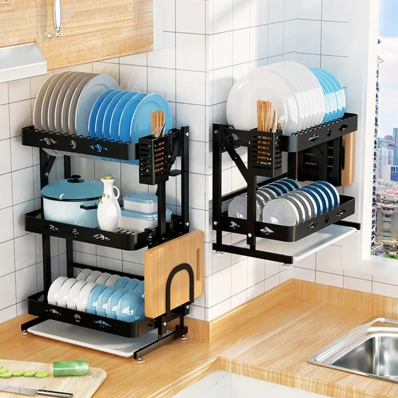 New Wall/Desktop Stainless Steel Foldable Dish Rack with Drip Tray Kitchen Accessories