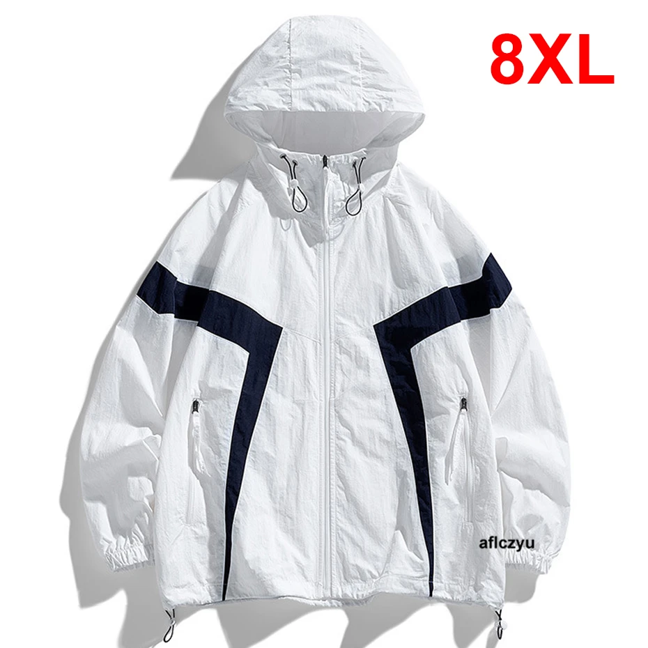 

Солнцезащитные куртки размера плюс 8XL, летняя крутая тонкая куртка, мужские Модные повседневные пальто с капюшоном, тонкая одежда в стиле пэчворк