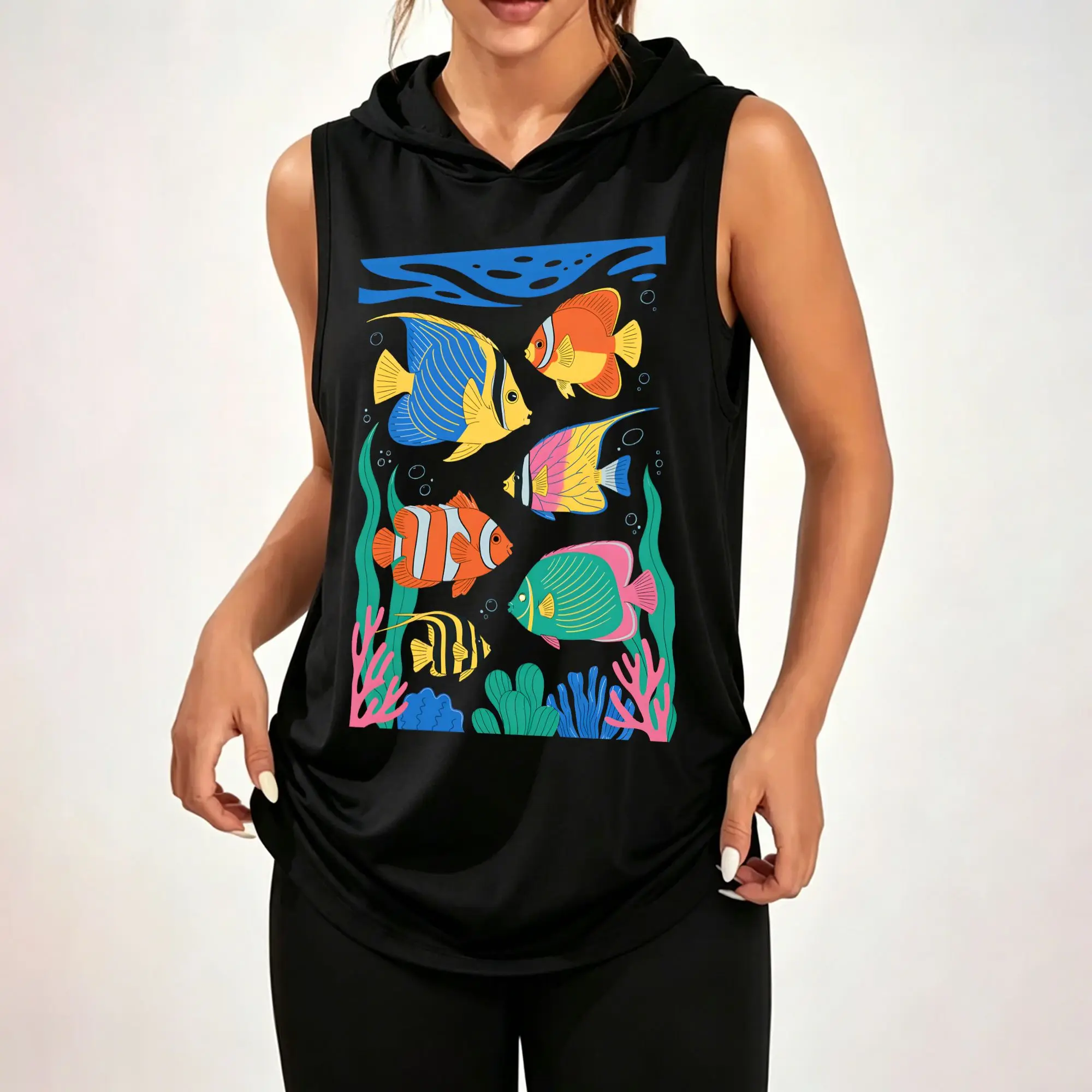 Women Sleeveless Hooded Tank Top Colorful Tropical Fish Coral Underwater Graphic Print Vest Casual Loose Sleeveless Hoodie Daily Wear Hood Tank Tops ****