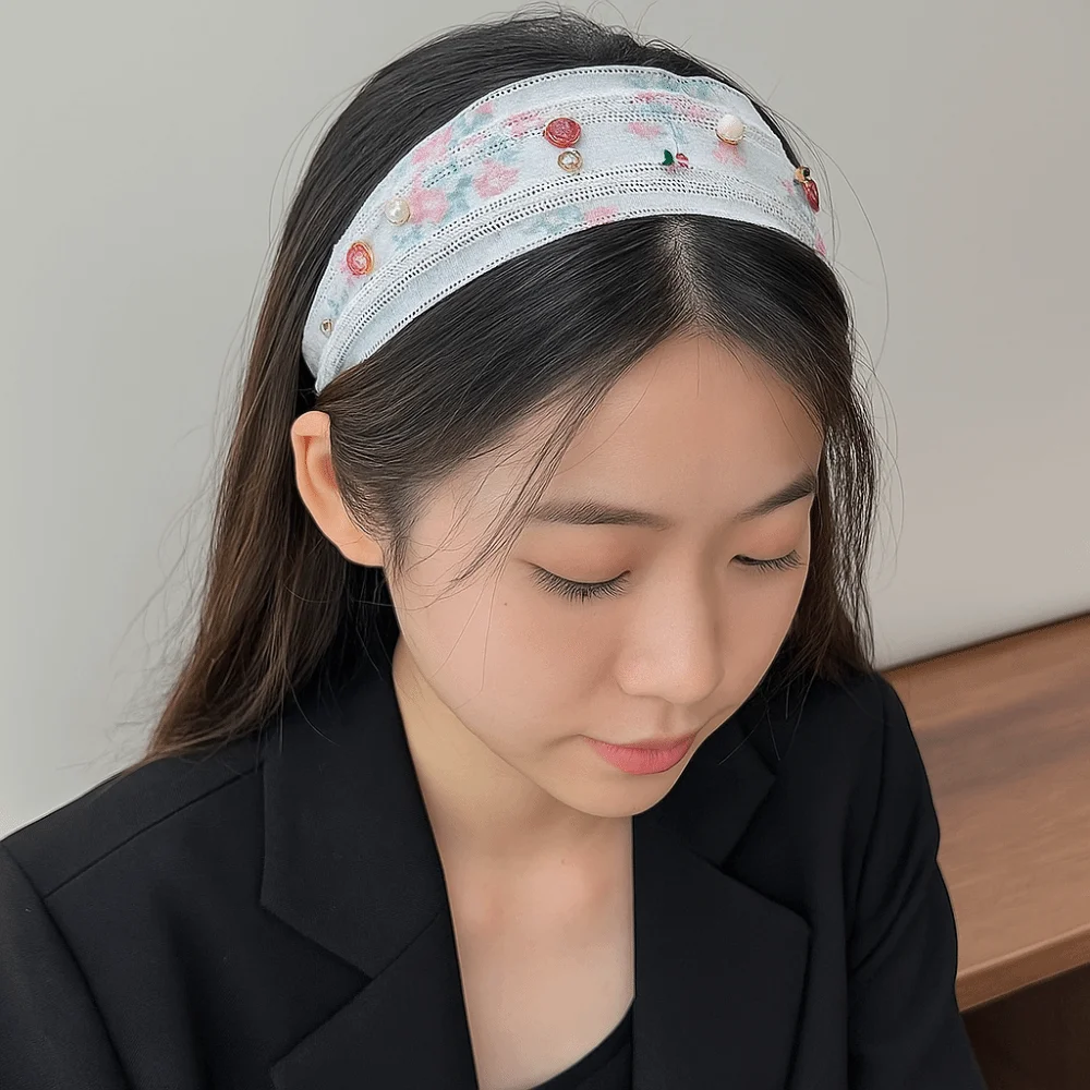 

Cute Korean Style Embroidery Lace Headband Floral Flower Rhinestone Hair Band Fairy Ribbon Bow Hair Rope Women
