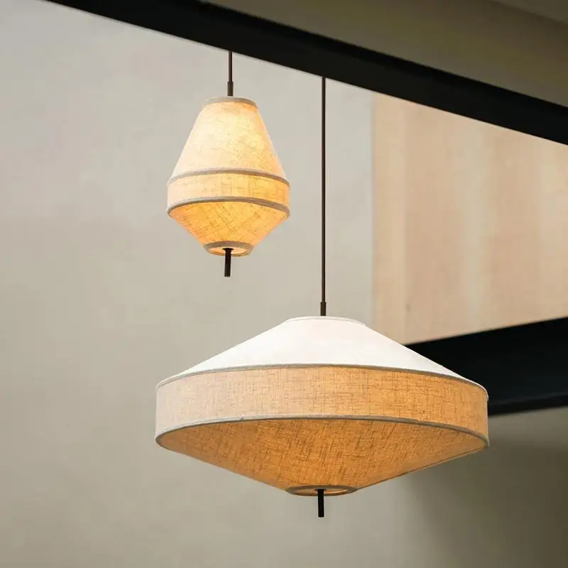 

French Mid-Century Wabi-Sabi Pendant - Vintage Linen Ambient Lighting for Living Dining Room & Bar Decor