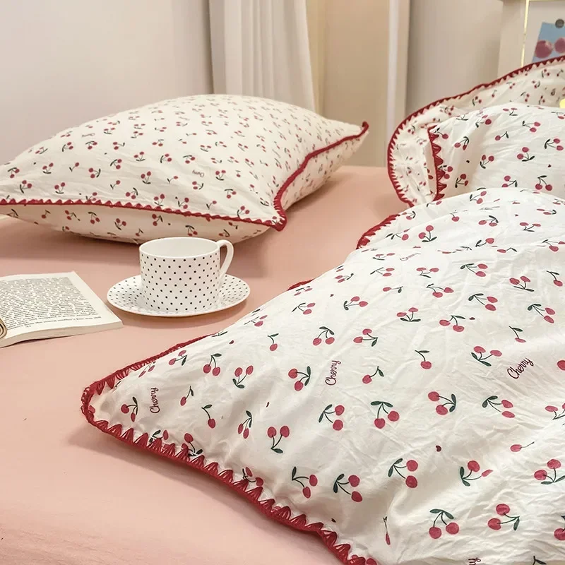 Girls Cherry Bedding Set Soft Washed Cotton Bed Sheet Queen King Size Simple Quilt Cover Pillowcase Bed Linens