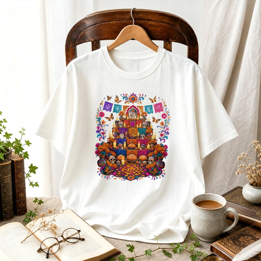 Dia De Los Muertos Altar Ofrenda Sugar Skull Marigold Papel Picado Flag Mexican Folk Art Colorful Floral Print Cotton T‑Shirt