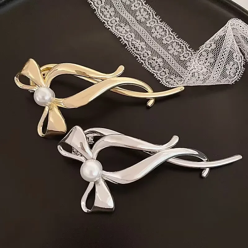 Silver Goldebn BowKnot Pearl Metal Hairpin Claw Summer New Elegant Luxury Twist Clips Hair Accessories Women Headwear Ornaments