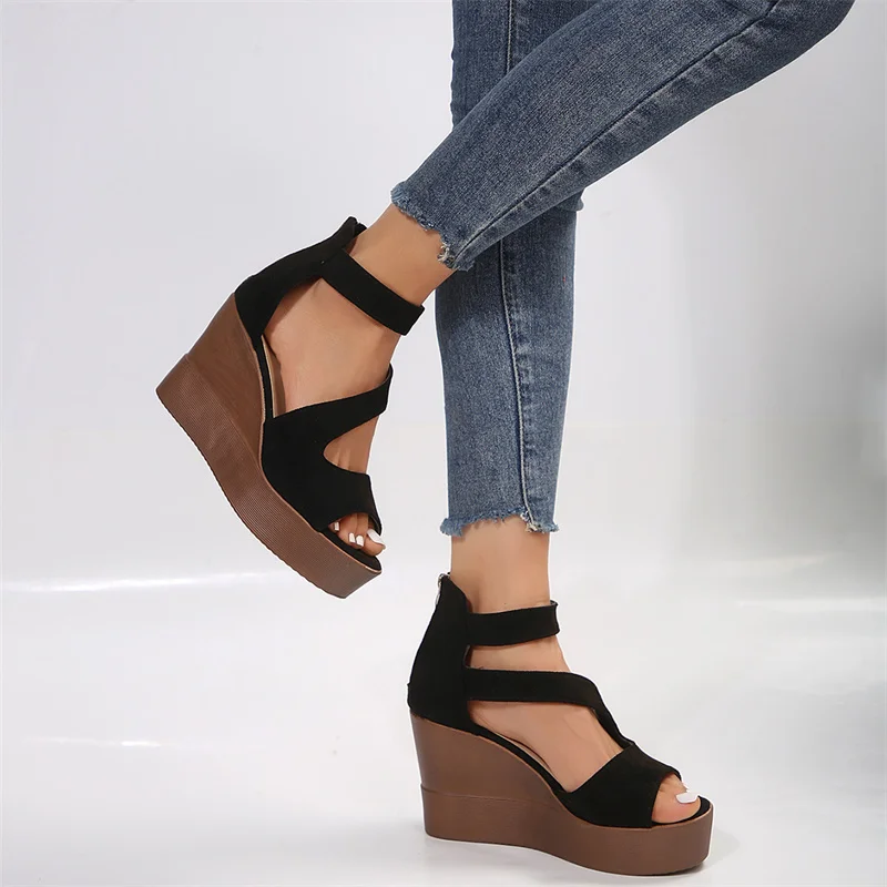 Summer Ankle Strap Women Sandals Platform Wedges High Heel Flock Peep Toe Fashion Female Ladies Shoes Zapatos De Mujer