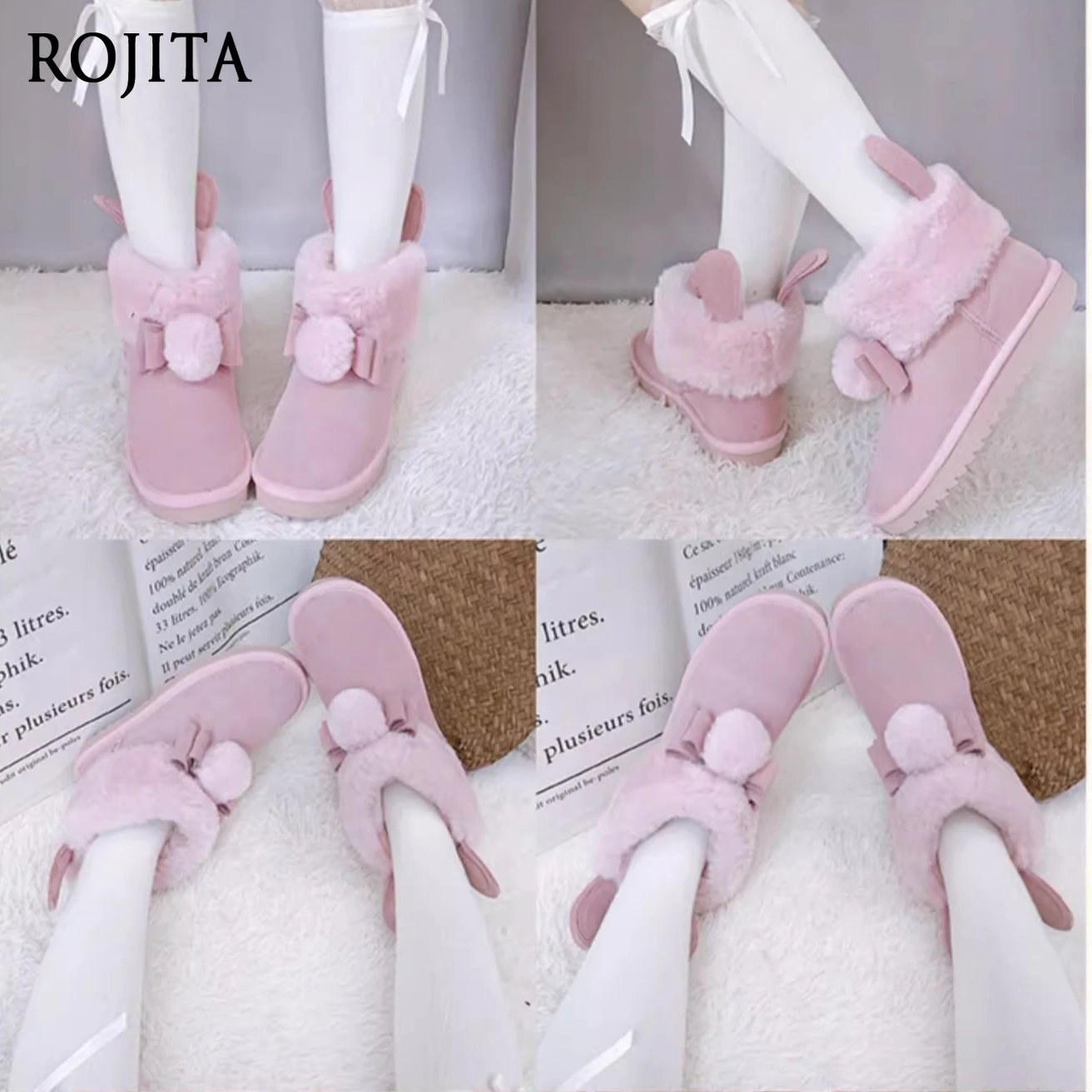 Little Elk Original Short Non-slip Snow Boots Women's Fleece Thickened Japanese Cute Lolita Shoes  Artificial Short Plush Shoes
