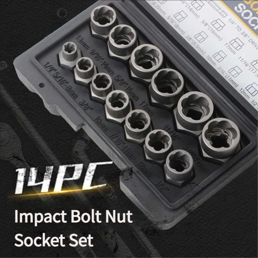 

14-częściowy набор инструментов для снятия ударных болтов и гаек Cr-Mo, стальной инструмент для извлечения болтов, набор инструментов для снятия поврежденных винтовых гаек, механический инструмент